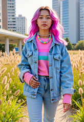 Young woman walking in urban field with pink hair and denim jacket  