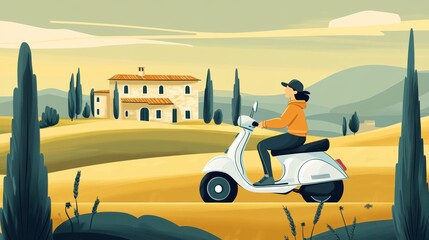 A scooter girl rides through the Tuscan countryside where villas are scattered across the hills under a bright sunny sky
