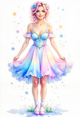 Young woman in pastel dress standing with flowers and colorful background  
