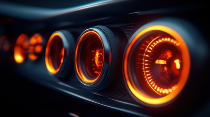Close-up of glowing orange car dashboard gauges