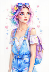 Young woman with colorful hair wearing denim overalls and backpack  