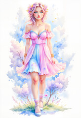 Young woman in floral dress walking among pastel blossoms 