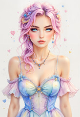 Young woman with pink hair in a colorful dress against a pastel background  