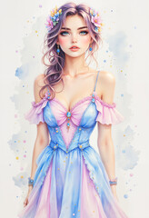 Young woman in elegant pastel dress with floral accessories  