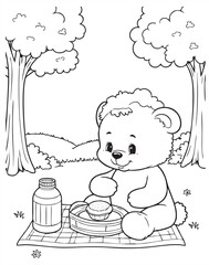 Black and white illustration of a bear sitting outdoors with a jar of honey and a honeycomb, surrounded by trees