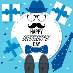 Blue Fathers Day greetings card design with gifts, moustache, and necktie design element