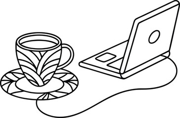 Black and white outline illustration of a laptop coffee cup and saucer composition
