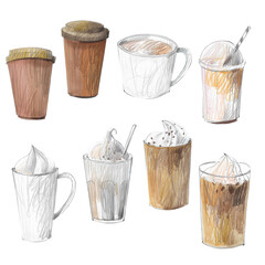 Coffee shop drinks.  Sketch  illustration.