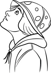 Black and white illustration of a person looking upwards wearing a hat or cap