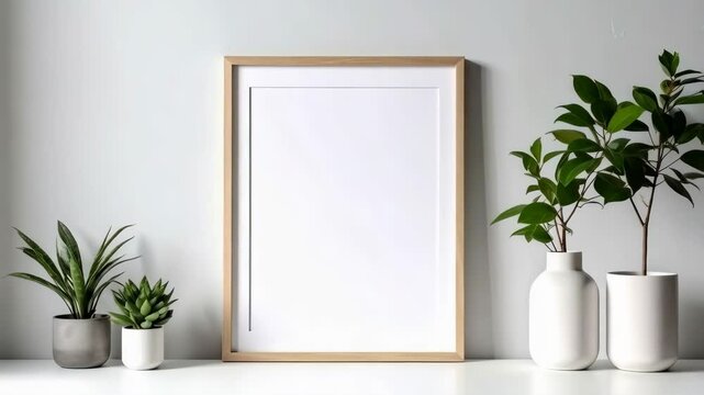 Empty frame on white shelf with potted plants. Modern interior decor concept showcasing mockup frame against a white wall background.