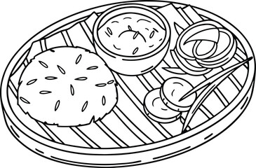 Artistic illustration of a delicious asian meal served on a bamboo tray in black and white