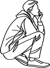 Contemplative man squatting and thinking expressing deep thought vector illustration