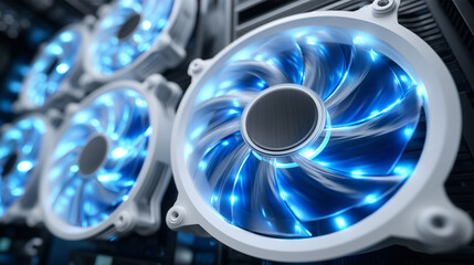 Close-up of spinning server fans, blue LEDs glowing in dark high-performance data center