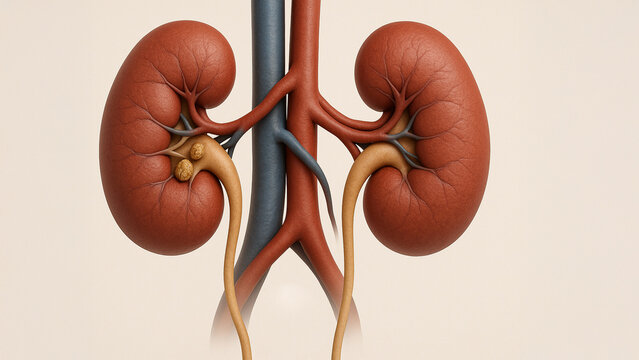3D Illustration of Human Kidneys with Kidney Stones.

AI-generated medical illustration showing human kidneys with visible kidney stones and blood vessels.