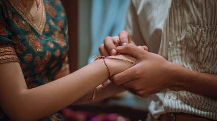 Close-up of raksha bandhan ritual: brother tying rakhi on sister's wrist, celebrating indian tradition