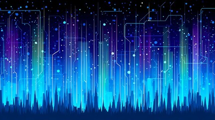 Abstract cityscape with electronic circuits overlay
