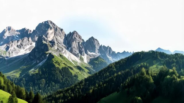 Scenic view of towering, rocky mountains with snow patches and lush green forests in a vibrant landscape under a bright sky.