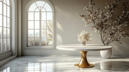 Elegant Interior With Marble Table Floral Arrangement And Natural Light In Background