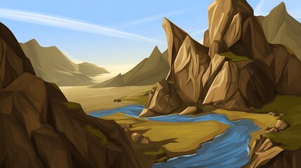 Animated river flowing through mountain valley