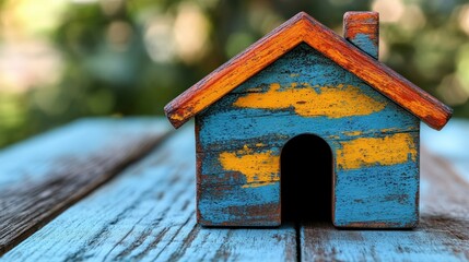 Colorful weathered wooden house model on a rustic table