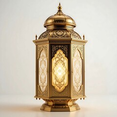 Ornate golden lantern with intricate islamic design and warm light