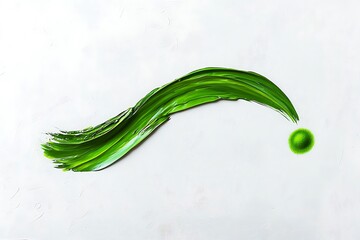 A single vivid green brushstroke placed on a white canvas, with a soft green blot smear extending from its end, forming a smooth, organic movement.