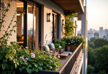 Modern apartment balcony decorated with lush plants during sunset for a relaxing atmosphere