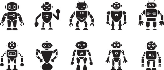 AI Robot Silhouette Icons Set – Artificial Intelligence and Robotics Black Vector Illustration