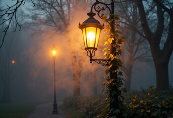 Vintage street lamps illuminate a foggy park pathway during early morning hours