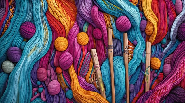 Generative AI illustration of close-up view of multicolored knitted fabric with wooden knitting needles and balls of wool, epitomizing the beauty of handcraft