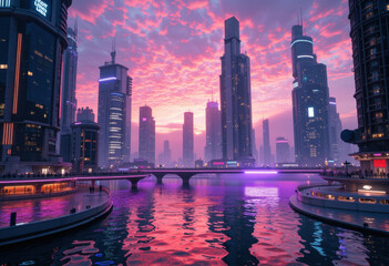 Fototapeta premium Stunning city skyline at sunset with vibrant colors reflecting on water