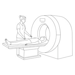 Medical illustration of a patient undergoing an MRI scan with a healthcare worker assisting. Diagnostic imaging procedure in a hospital setting. Line art style