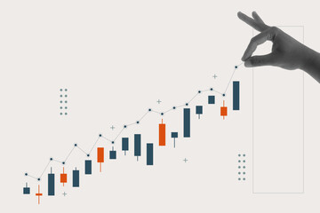 business graph chart finance stock market collage hand halftone trendy. vector illustration concept growth investment exchange currency money financial. technology digital background profit trade.