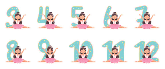 Set with pretty ballerinas girls in pink and blue dress doing the splits on white background. Vector illustration in flat cartoon style