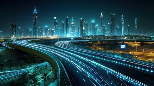 Smart city digital transformation development concept. Band lights over modern urban cityscape at night. New fast internet communication 5G technology. Fiber Optics