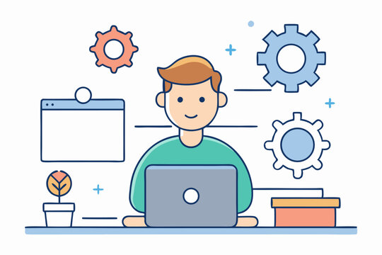 Web - related work, laptop operation, gear - assisted task, professional job, tech - based work, computer task, work progress, web design, tech activity, office work