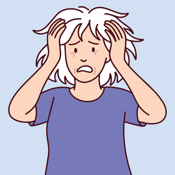 a old seniour woman clutching her head in extreme stress or panic, with wide eyes and a distressed expression, visualizing anxiety, burnout, or a mental crisis