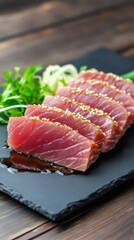 Elegant tuna slices with ruby centers and golden sesame crust, plated with soy reduction and scallions in a minimalist upscale sushi bar style.