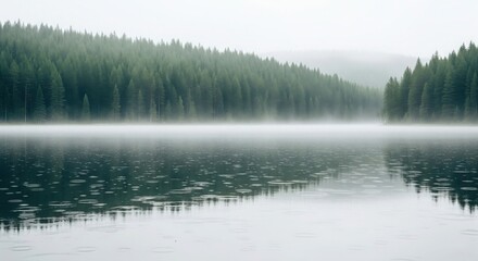 Fototapeta premium Rain on Lake with Misty Forest – Rain Aesthetic Wallpaper background 4k hd high quality | Desktop Laptop wallpaper