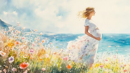 Watercolor painting of a pregnant woman in a floral field by the sea. Evokes themes of motherhood, nature, and serenity. Ideal for baby shower invitations, nursery art, or greeting cards.