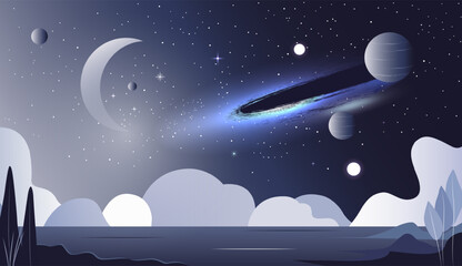 Space scene. Galaxy, planet surface, ice. Futuristic space illustration. Fantasy universe