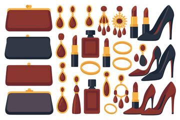 Fototapeta premium Collection of elegant accessories including high heels and cosmetics displayed on a white background