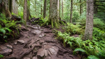 Obraz premium Forest trail with ferns and trees
