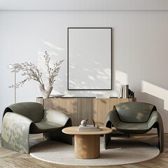 Plakat Frame mockup, ISO A paper size. Living room wall poster mockup. Interior mockup with house background. Modern interior design. 3D render 