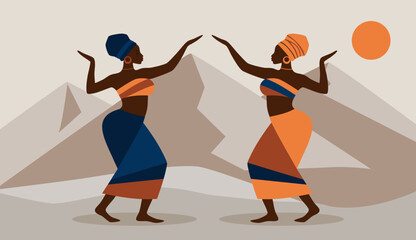 A minimalist flat illustration representing african culture. African women dancing in traditional clothing. Mountains behind
