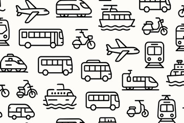 Variety of transportation modes displayed including buses, trains, boats, and bicycles in a modern graphic design
