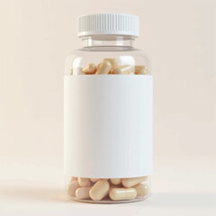 supplement bottle mockup with capsules in it with white label, 3d product mockups,protein jar,medicine bottle with pills,omega 3 capsules,realistic mockups,photography,transparent vitamins bottle
