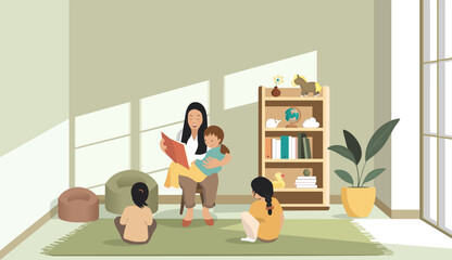 Illustration of a female teacher reading a book to children. Cozy and bright playroom