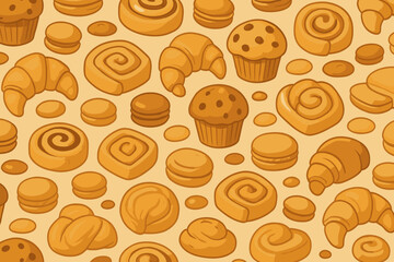Decorative background featuring various baked goods and pastries in warm tones reflecting a delightful bakery ambiance