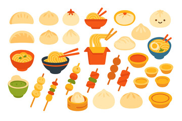 Creative collection of various Asian dishes including dumplings, noodles, and rice bowls in vibrant colors